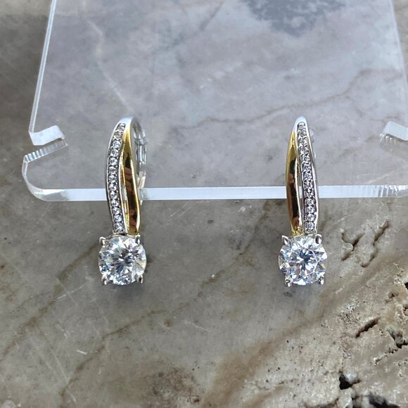 Sterling Silver 925 Round Cubic Zirconia Vermeil Two-tone Leverback Earrings - Picture 13 of 16